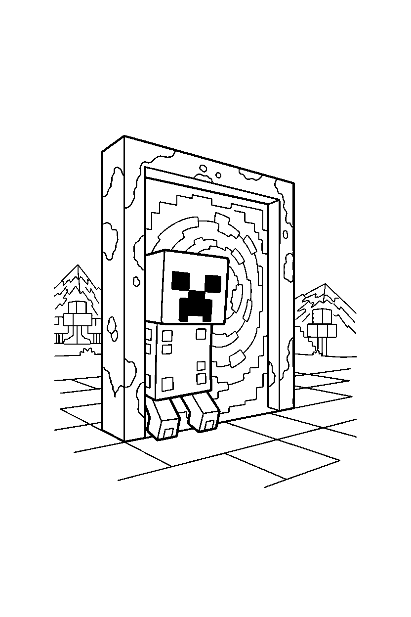minecraft creeper exploring cautiously near a portal line art