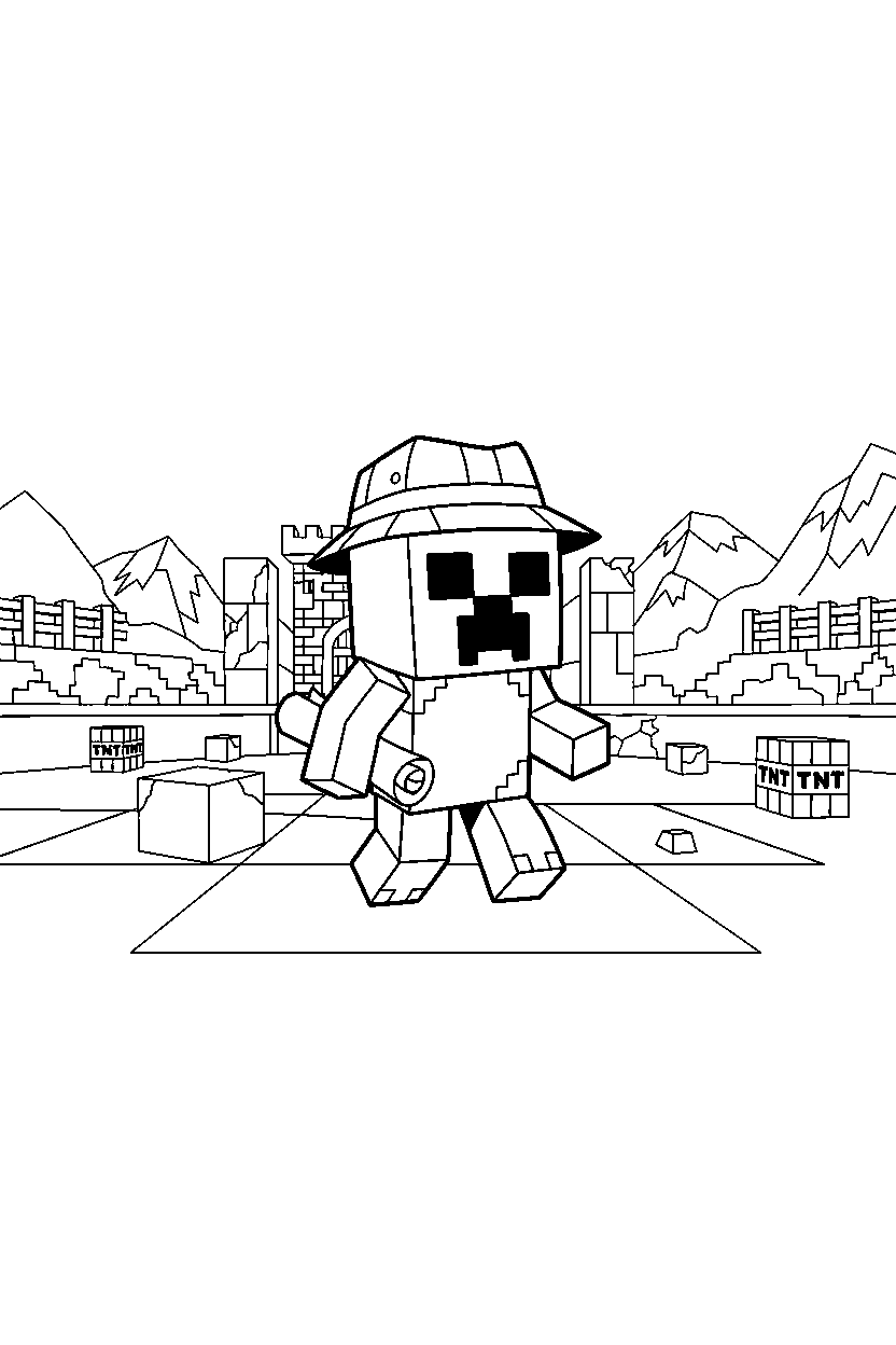 minecraft creeper exploring in battle arena line art