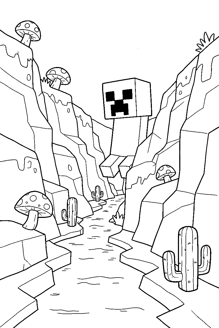 minecraft creeper exploring in ravine line art