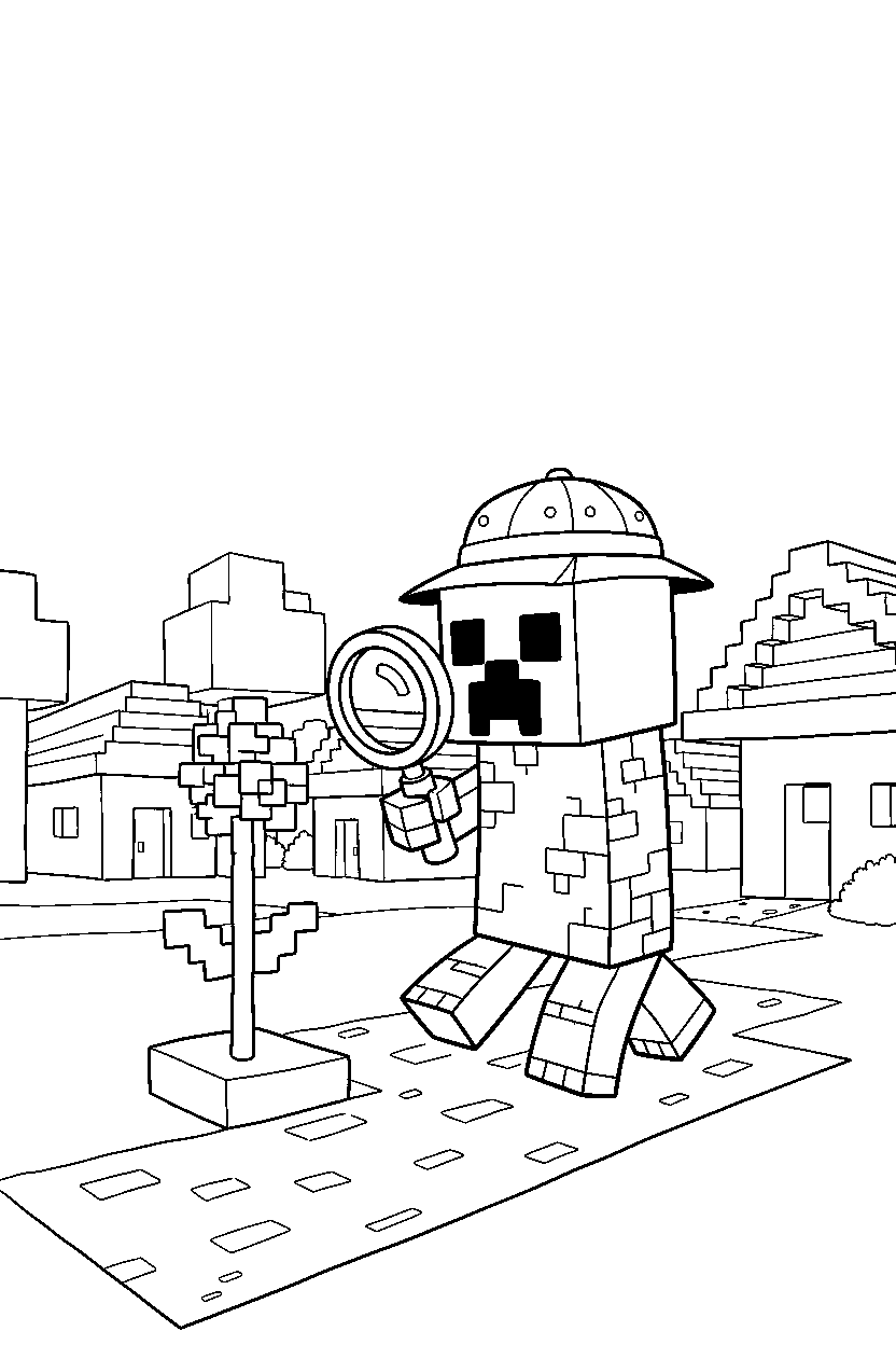 minecraft creeper exploring in village line art