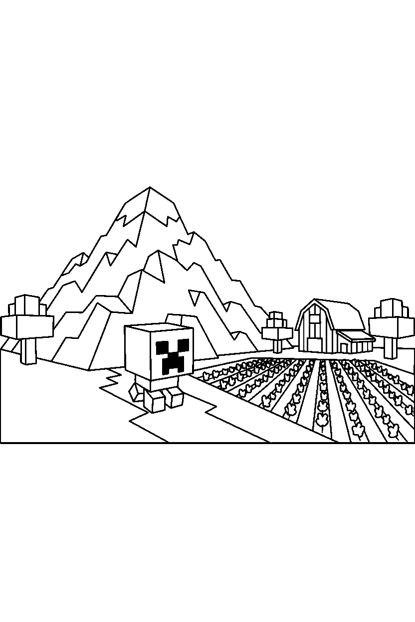 minecraft creeper exploring near a mountain near a farm field line art