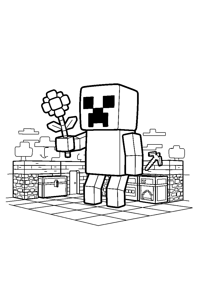 minecraft creeper holding a flower in a survival base line art