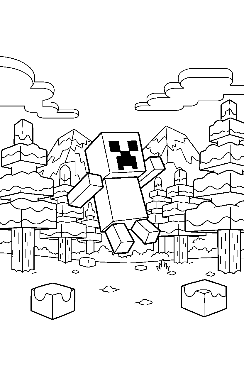 minecraft creeper jumping in taiga forest line art
