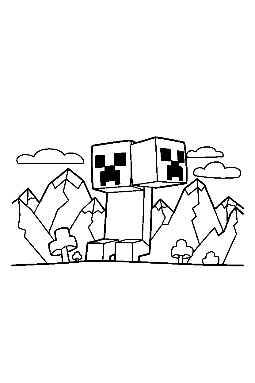 minecraft creeper looking around carefully in mountains line art