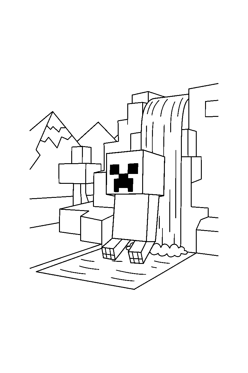 minecraft creeper looking around carefully near a waterfall line art