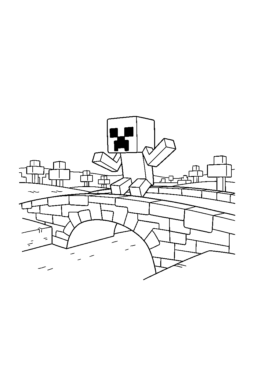 minecraft creeper looking around carefully on a bridge line art