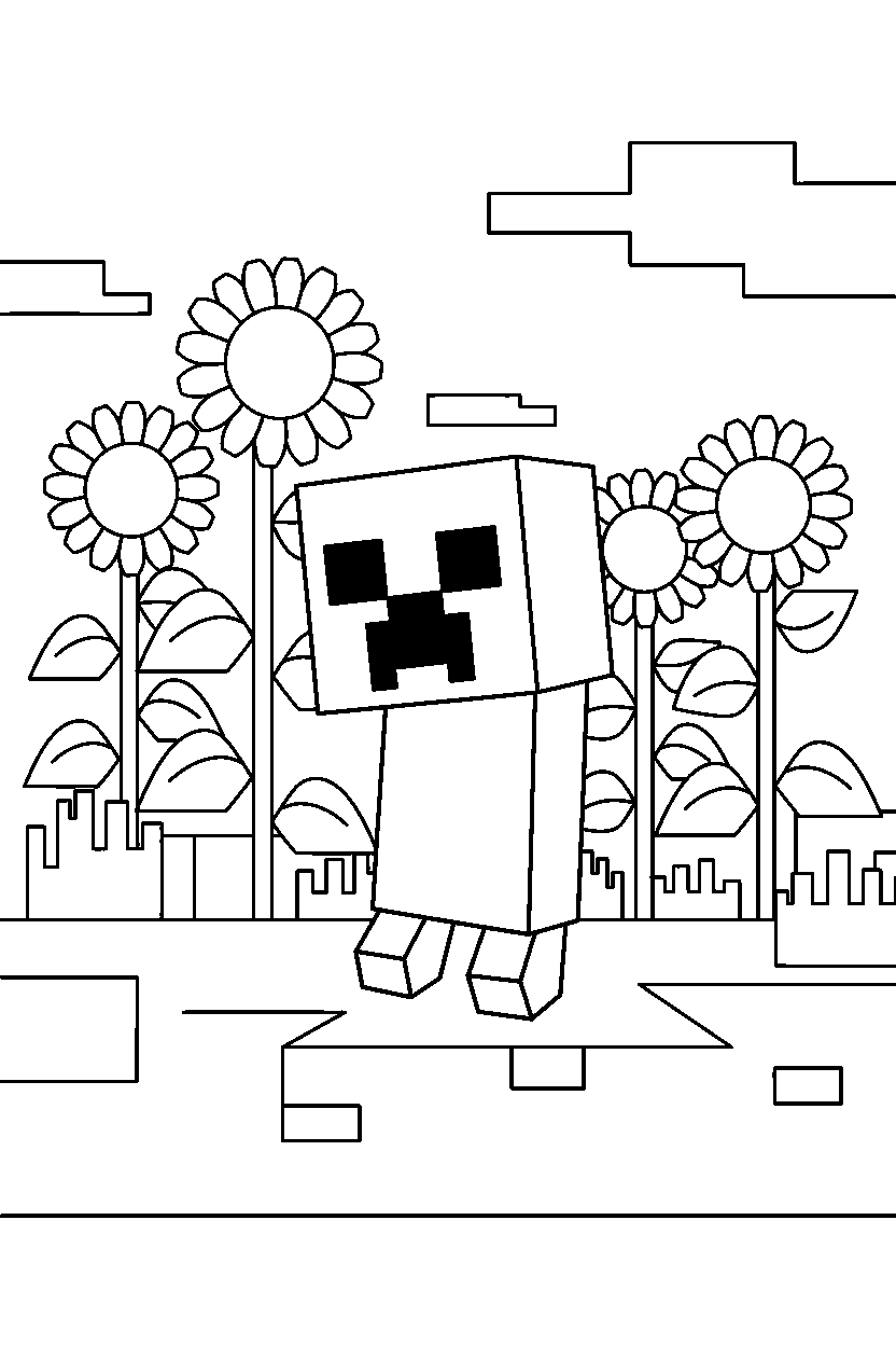 minecraft creeper looking around curiously in sunflower plains line art