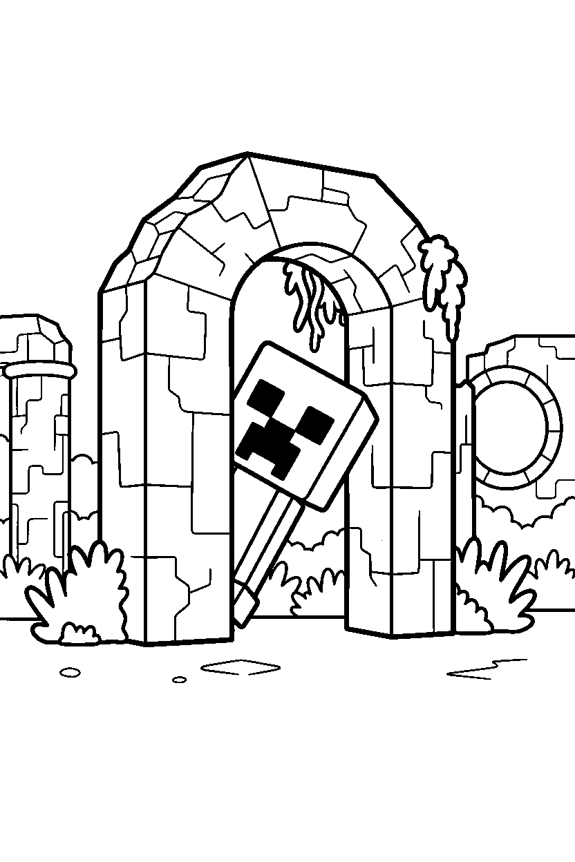 minecraft creeper looking around in ancient ruin line art
