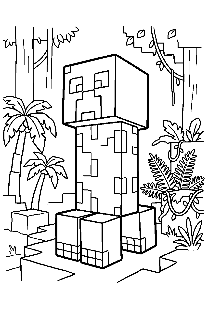 minecraft creeper looking around in jungle biome line art