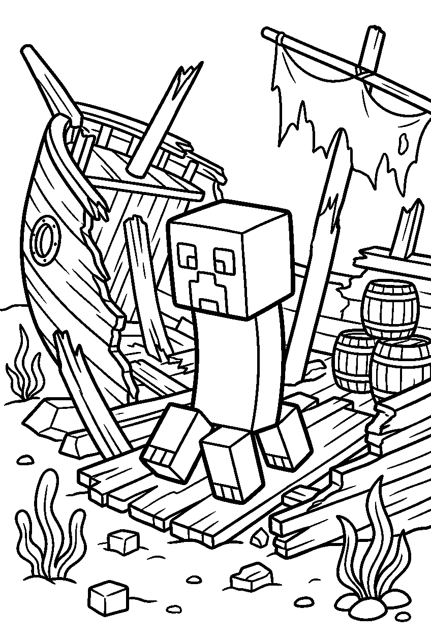 minecraft creeper looking around in shipwreck area line art