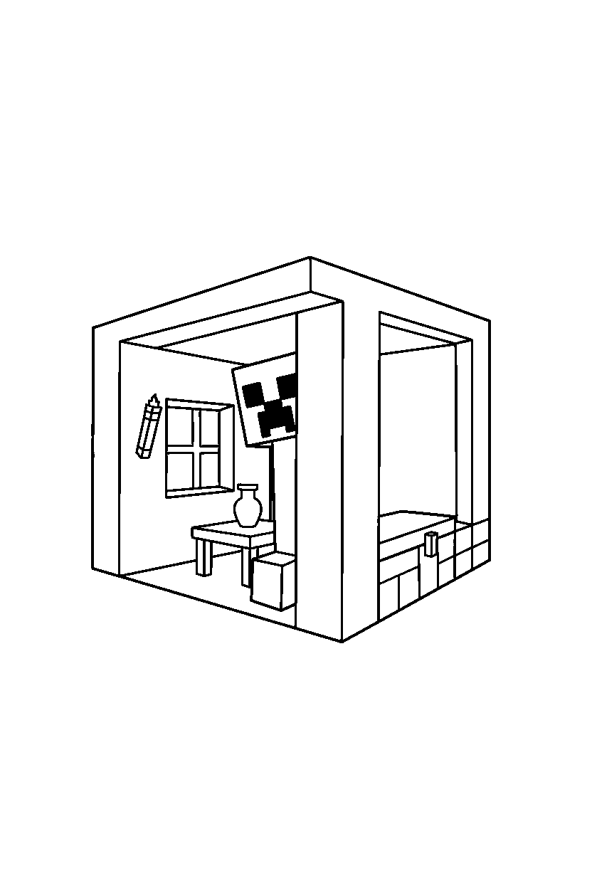 minecraft creeper looking around inside a house line art