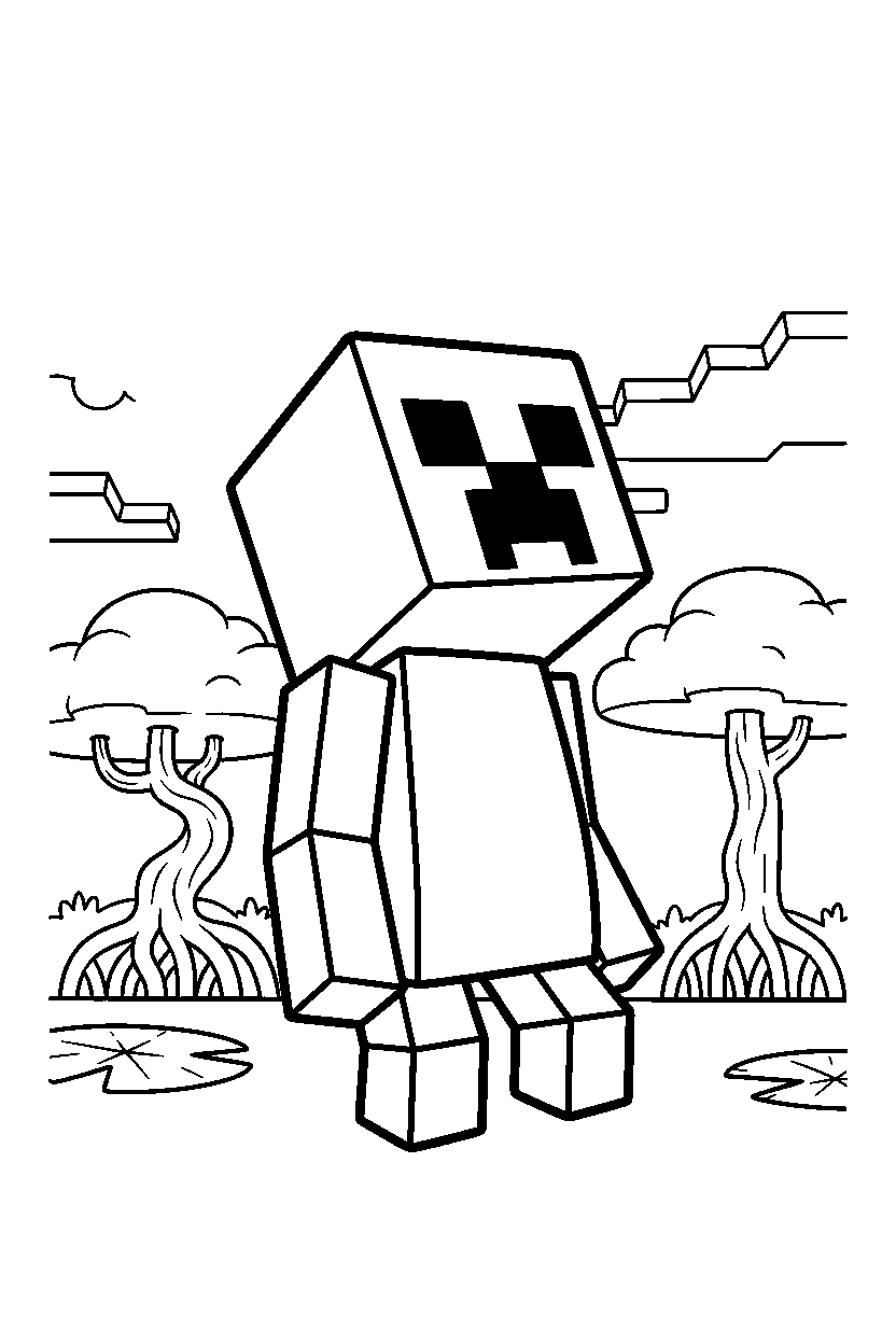 minecraft creeper looking at the sky in a mangrove swamp line art