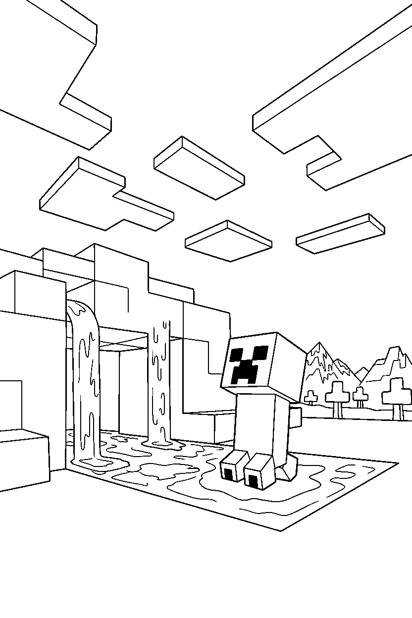 minecraft creeper looking at the sky near a lava cave line art