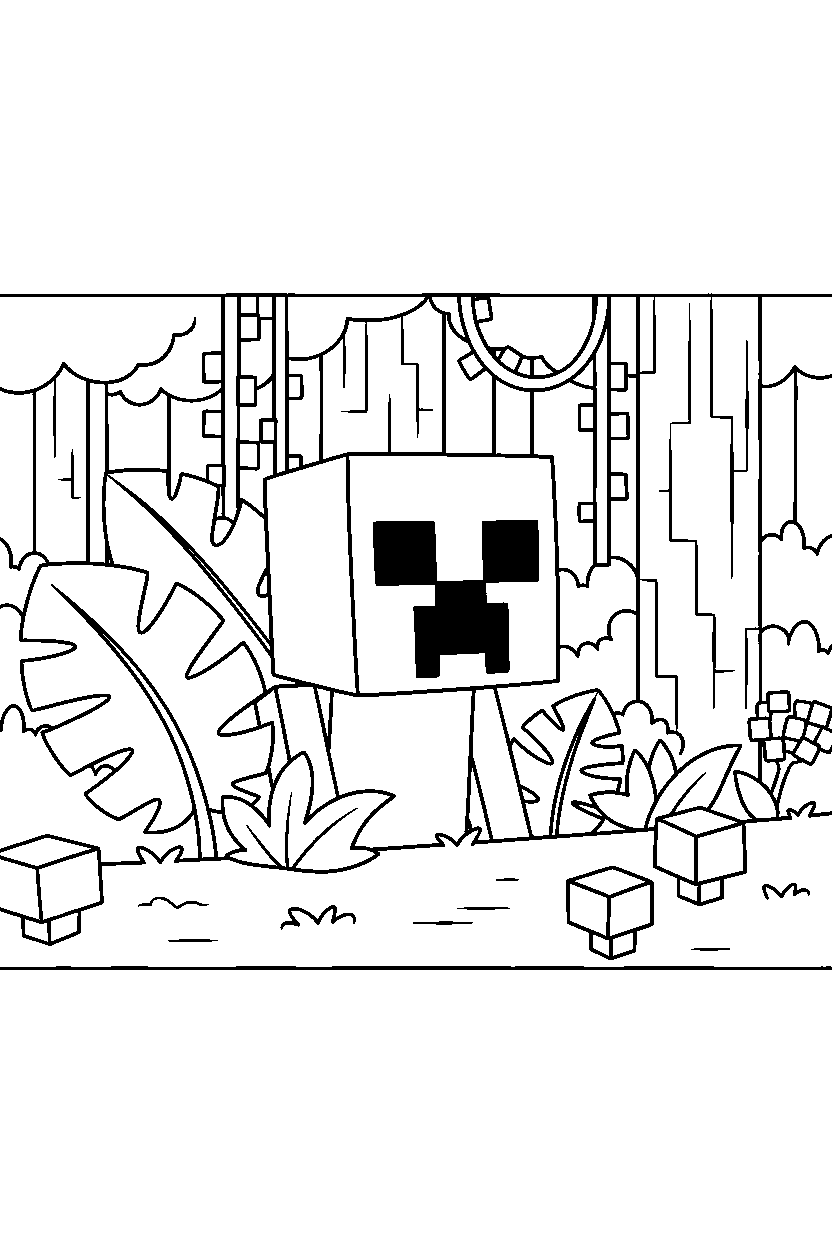minecraft creeper looking carefully in a jungle line art