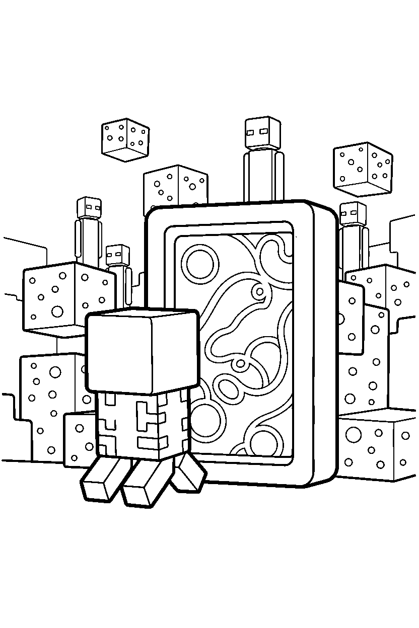 minecraft creeper looking toward a portal in the end dimension line art
