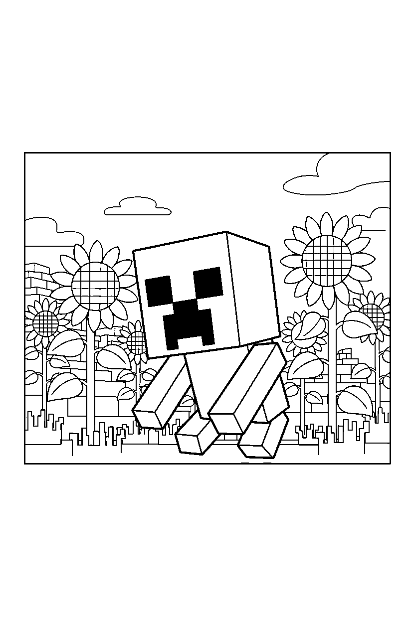 minecraft creeper lurking in silence in sunflower plains line art