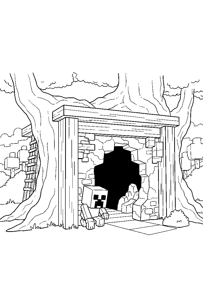 minecraft creeper lurking near a cave in a treehouse base line art