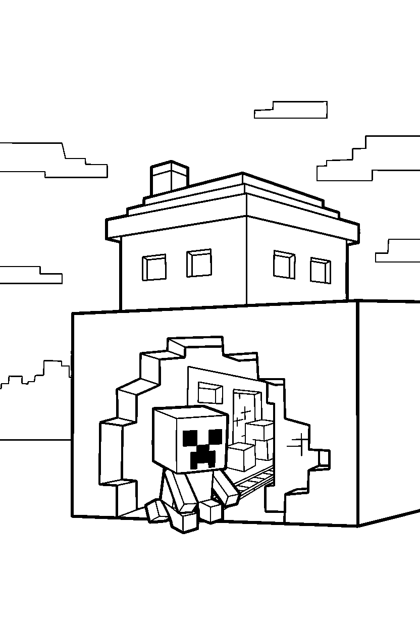 minecraft creeper lurking near a cave inside a house line art