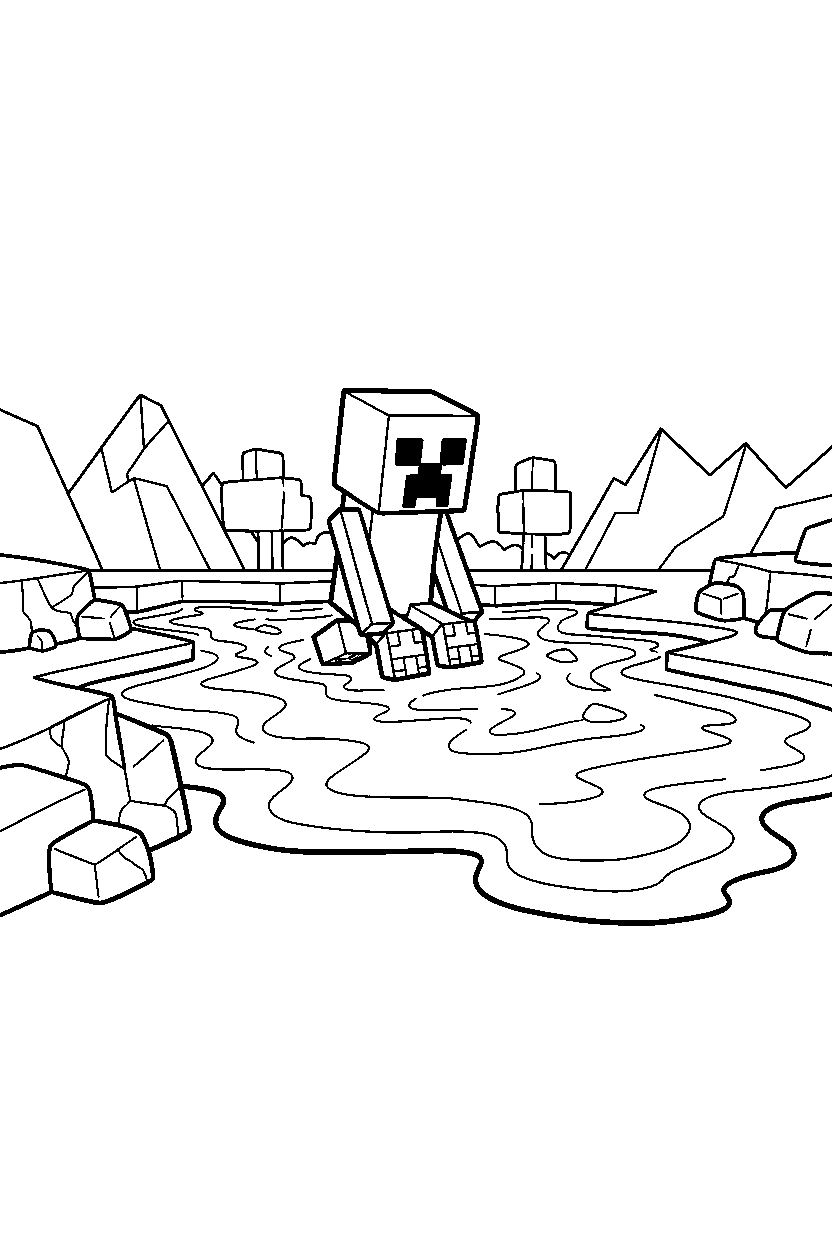 minecraft creeper lurking silently near a lava lake line art
