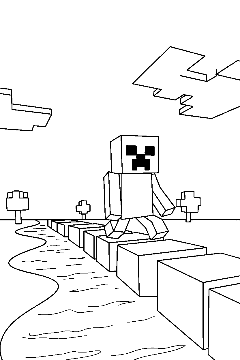 minecraft creeper moving across stone blocks near a river line art