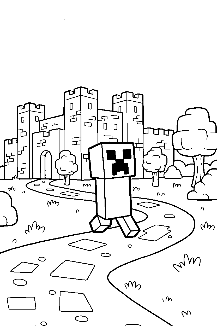 minecraft creeper moving along a dirt path in a castle base line art