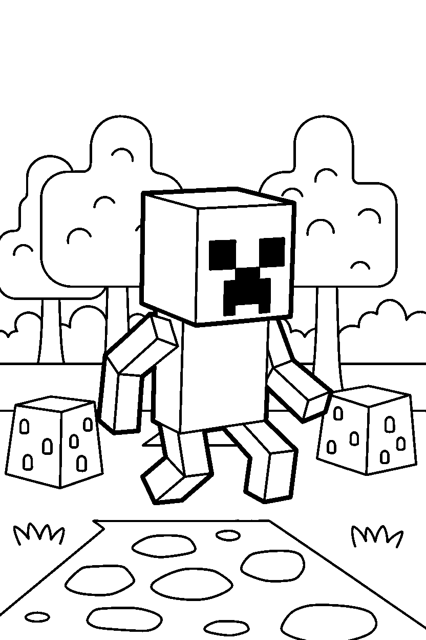 minecraft creeper moving quietly in a forest line art