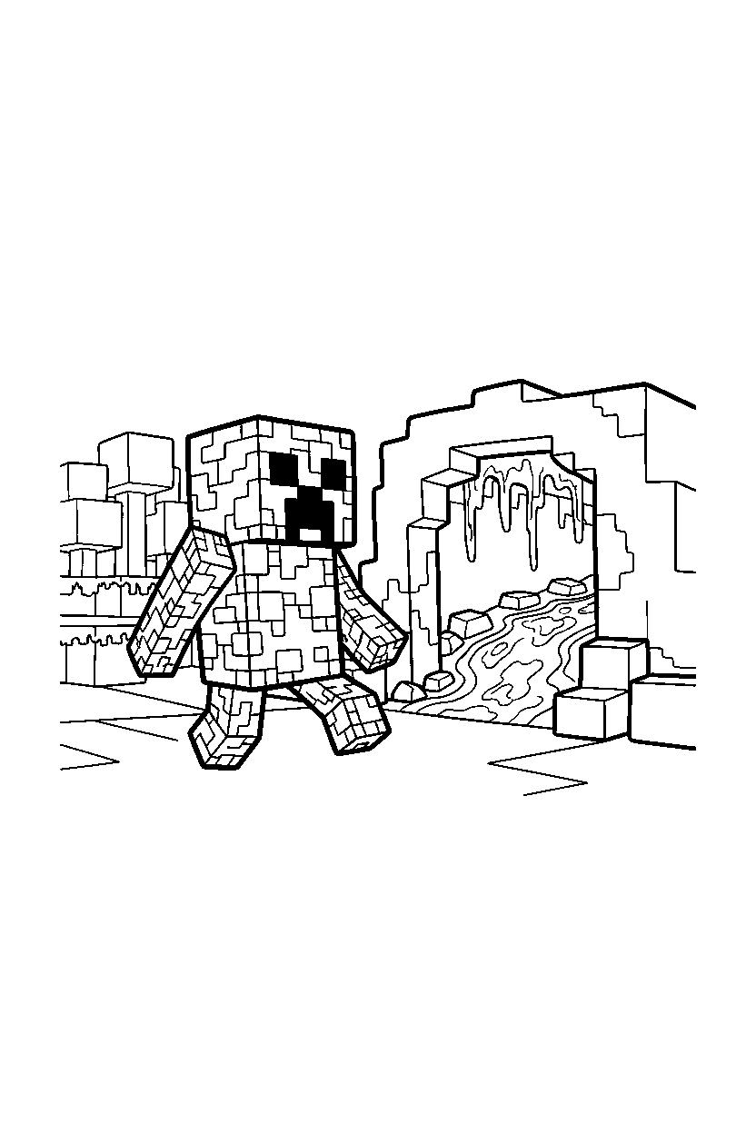 minecraft creeper moving quietly near a lava cave line art