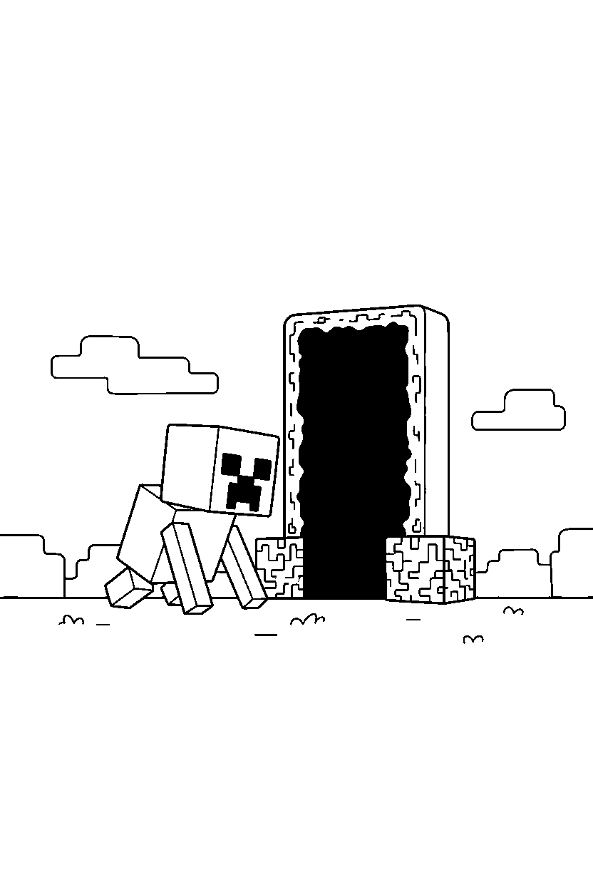 minecraft creeper moving quietly near a nether portal line art
