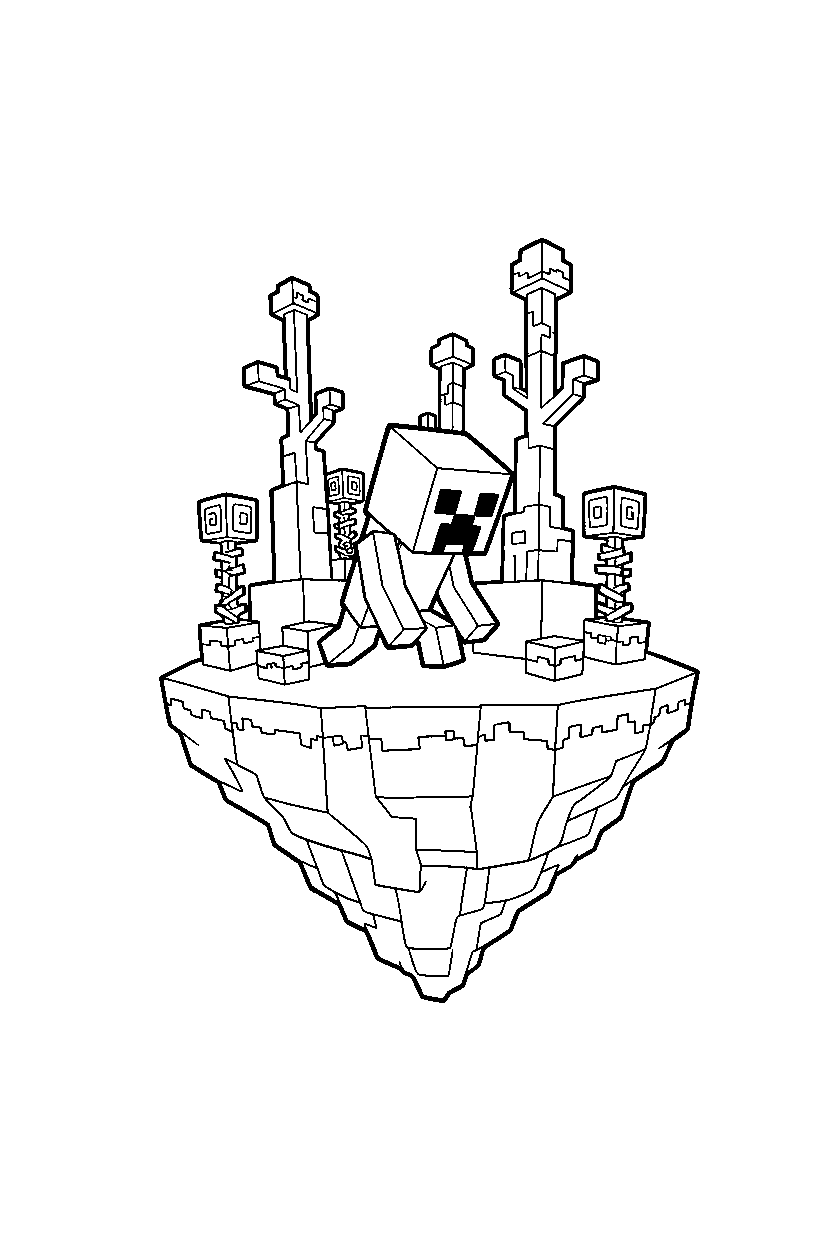 minecraft creeper moving quietly on an end island line art