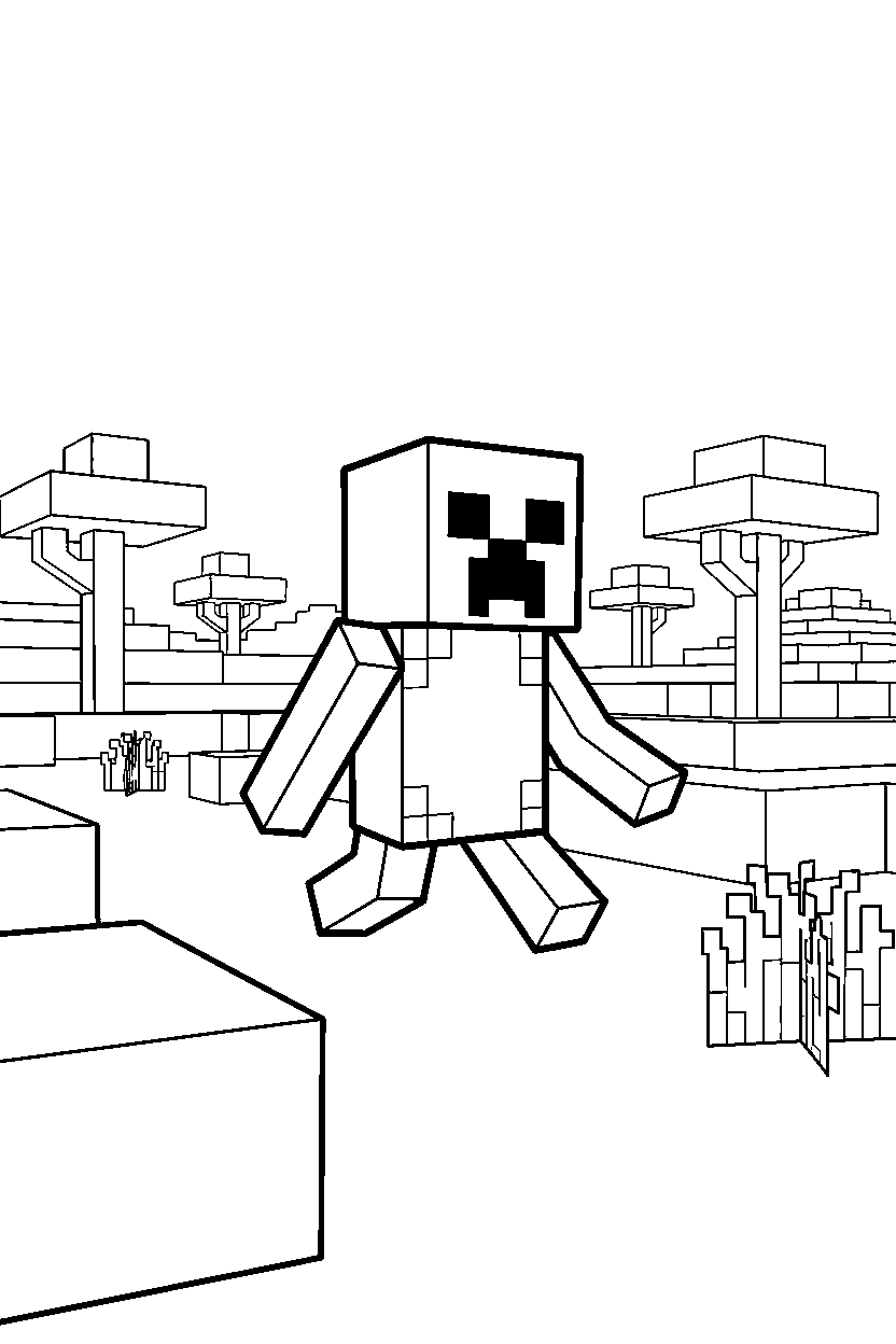 minecraft creeper moving silently in a savanna line art