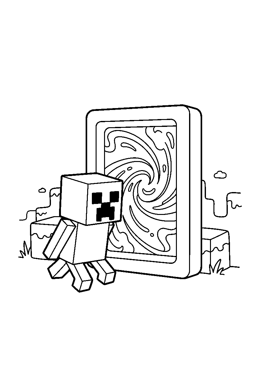 minecraft creeper moving silently near a nether portal line art