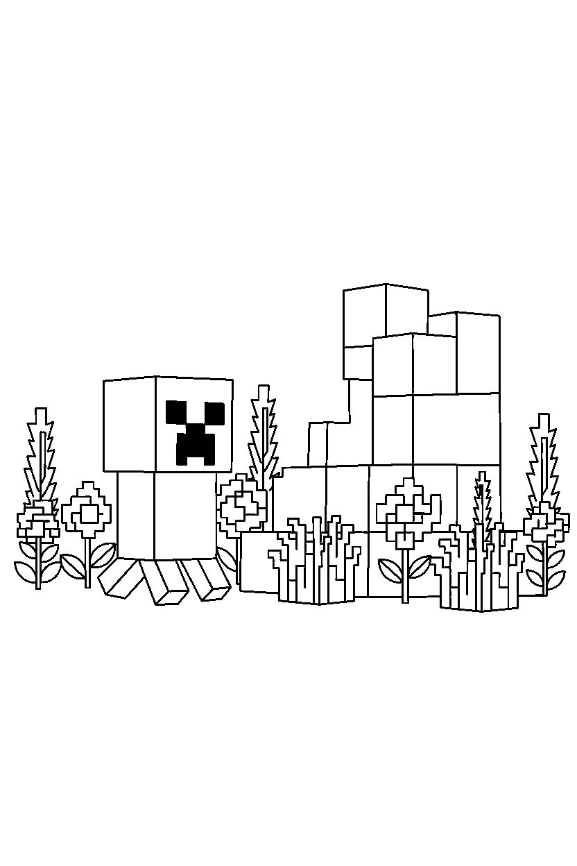 minecraft creeper moving toward a structure in a flower forest line art