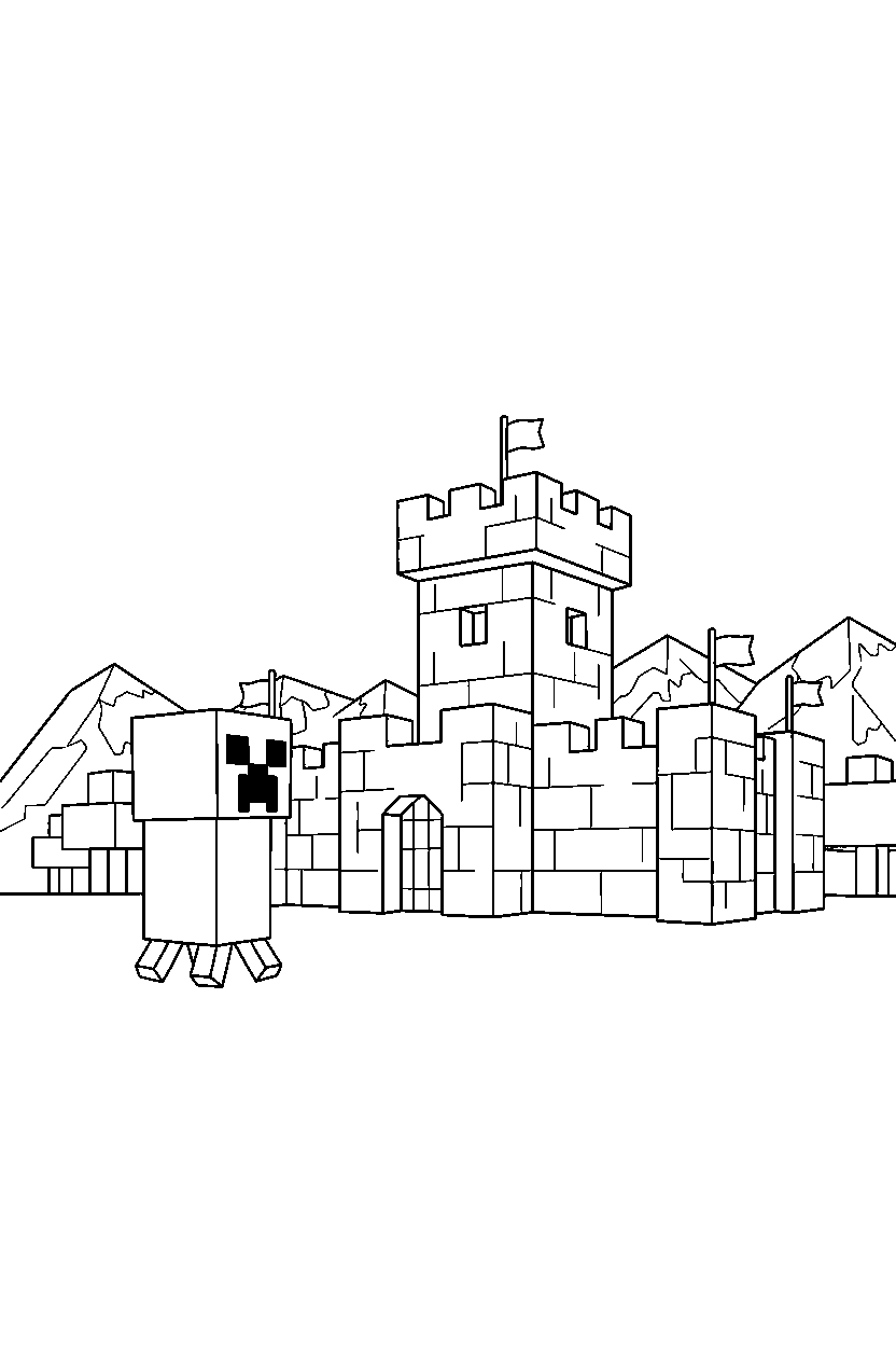 minecraft creeper observing from a distance in a castle base line art