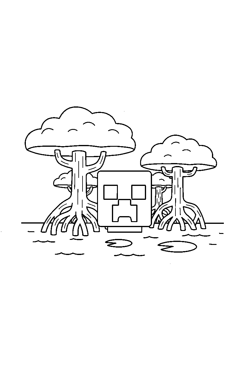 minecraft creeper observing from a distance in a mangrove swamp line art