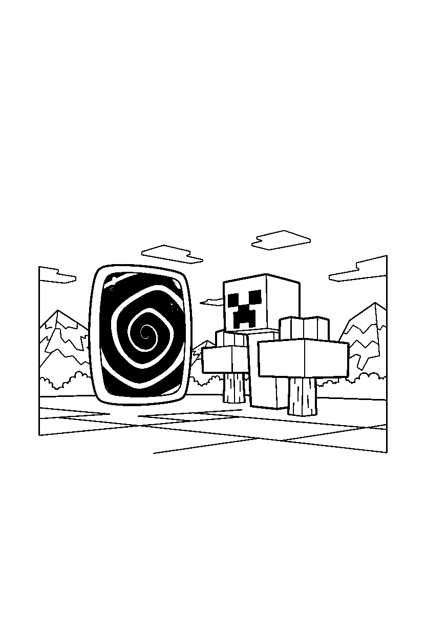 minecraft creeper observing from a distance near a portal line art