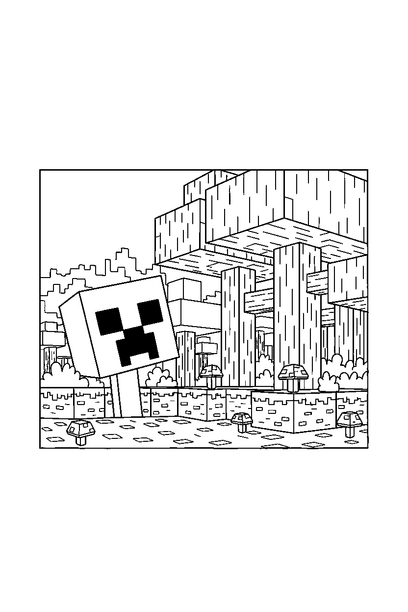 minecraft creeper observing in dark forest line art