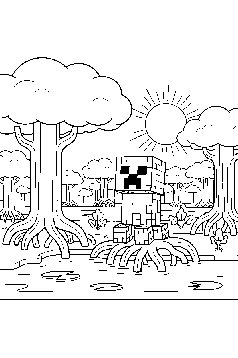 minecraft creeper observing silently in a mangrove swamp line art