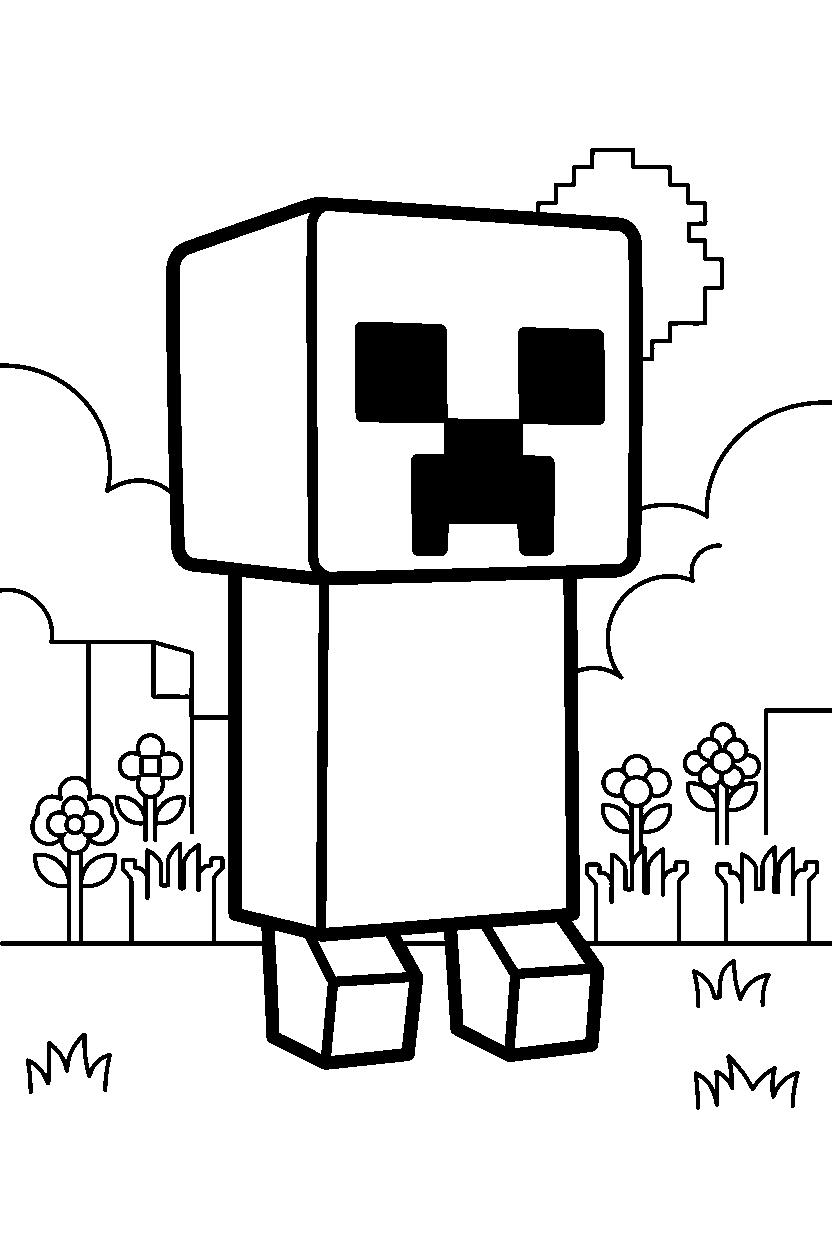 minecraft creeper observing silently in a meadow line art