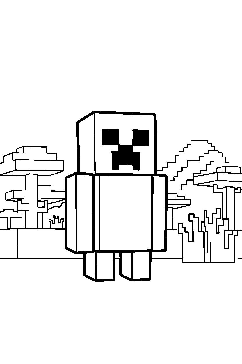 minecraft creeper observing silently in a savanna line art