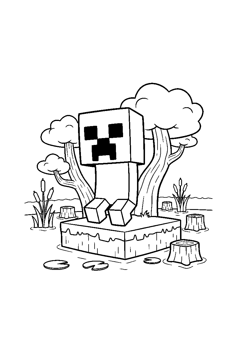 minecraft creeper observing silently in a swamp line art