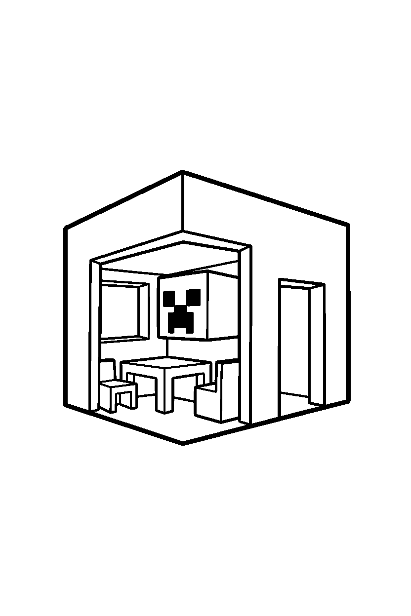 minecraft creeper observing the surroundings inside a house line art