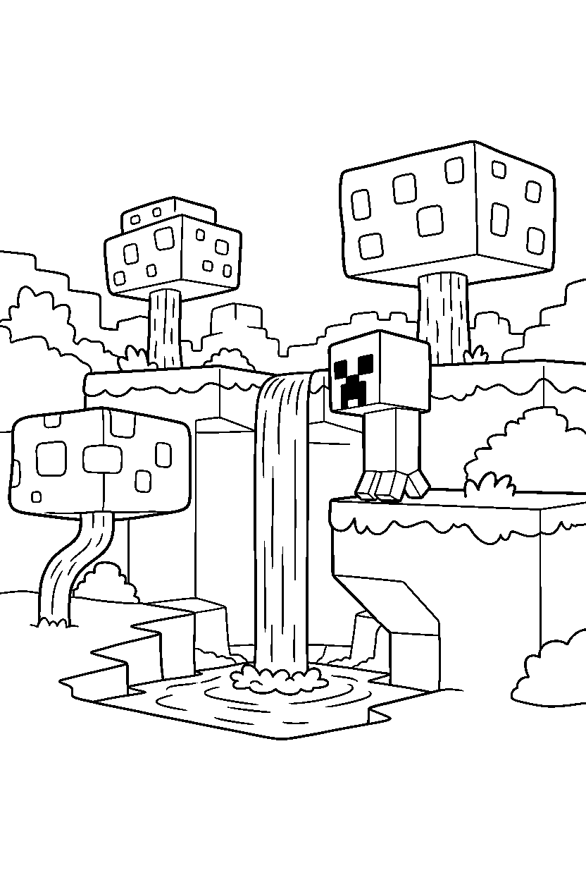minecraft creeper observing the surroundings near a waterfall line art