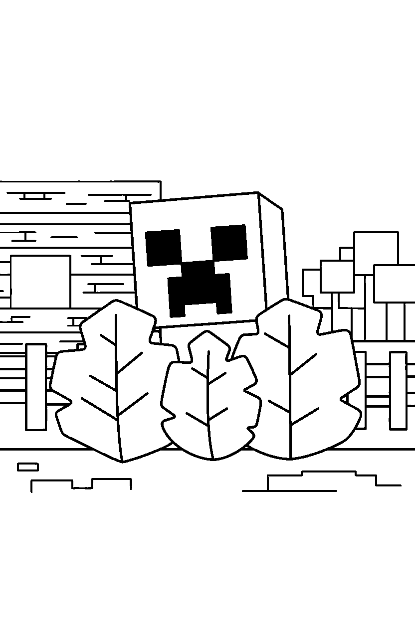minecraft creeper peeking from behind leaves in a survival base line art