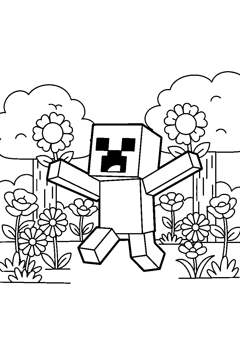 minecraft creeper playing happily in a flower forest line art