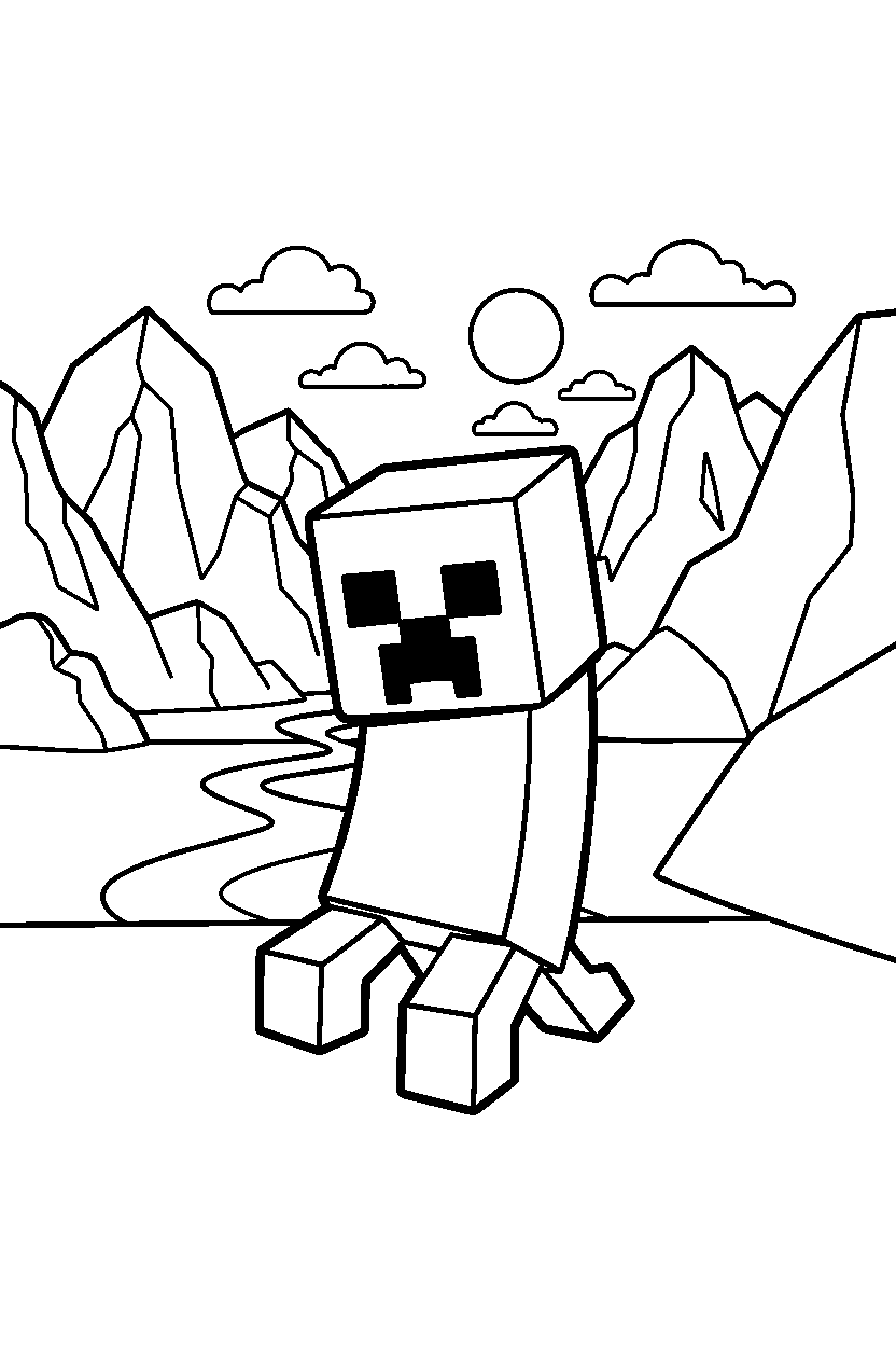 minecraft creeper posing in valley line art