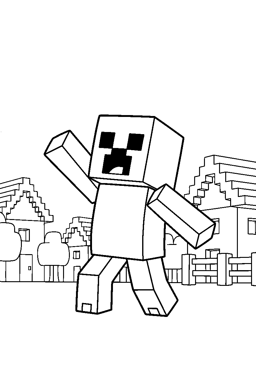 minecraft creeper posing in village line art