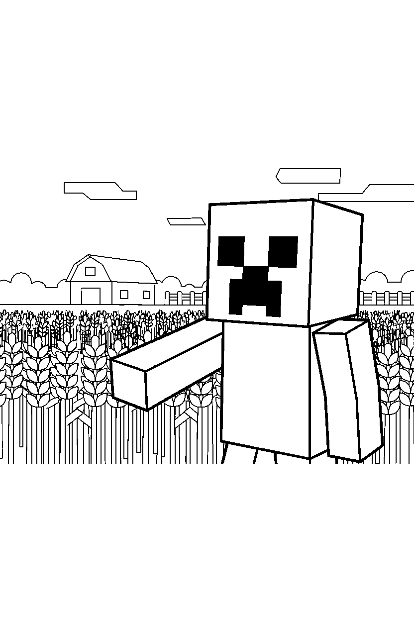 minecraft creeper reaching in crop field line art