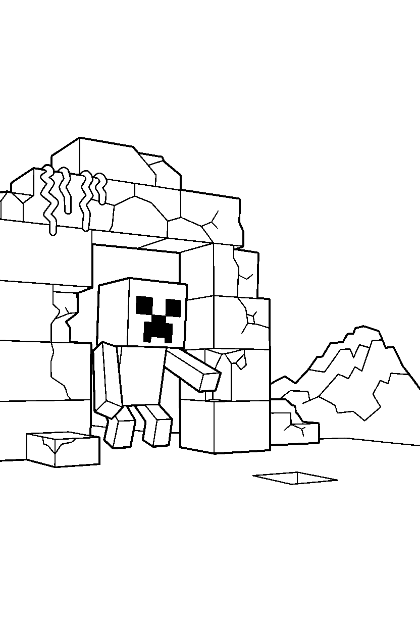minecraft creeper reaching in ruin line art