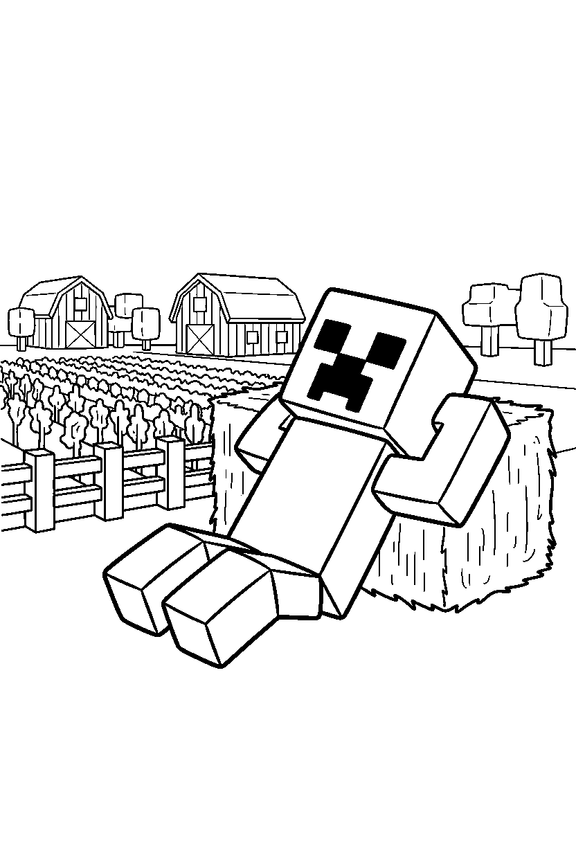 minecraft creeper relaxing peacefully near a farm field line art