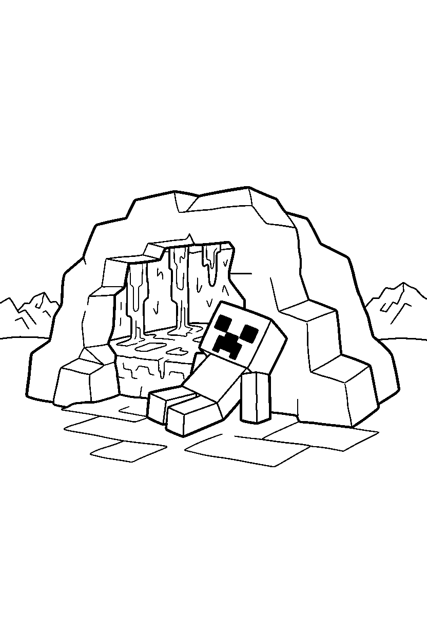 minecraft creeper resting near a lava cave line art